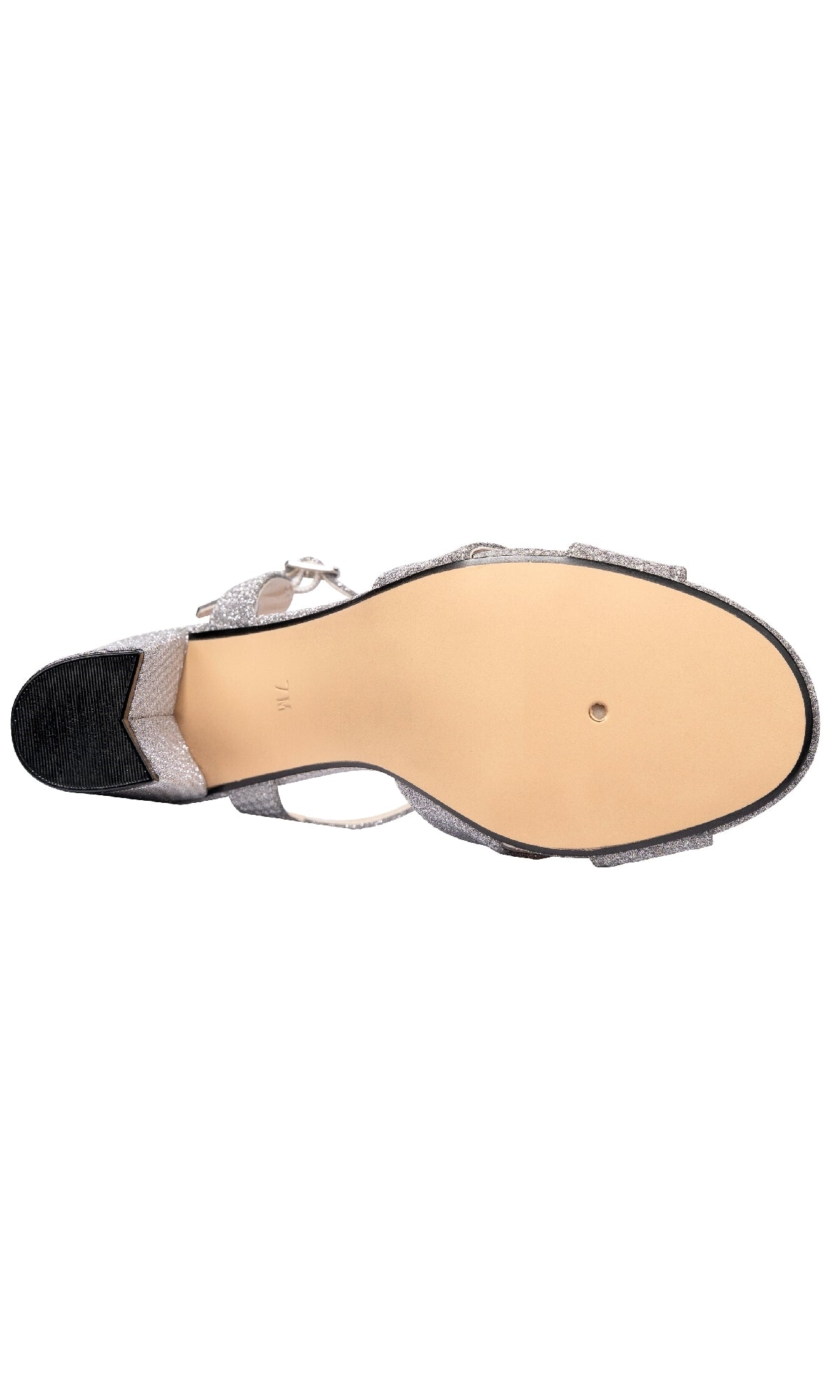 Bottom view of Riley High-Heel Silver Prom Shoes by Touch Ups 4656, featuring a beige sole, silver textured straps, small block heel, and a central metal rivet—perfect for anyone looking for elegant silver prom shoes.